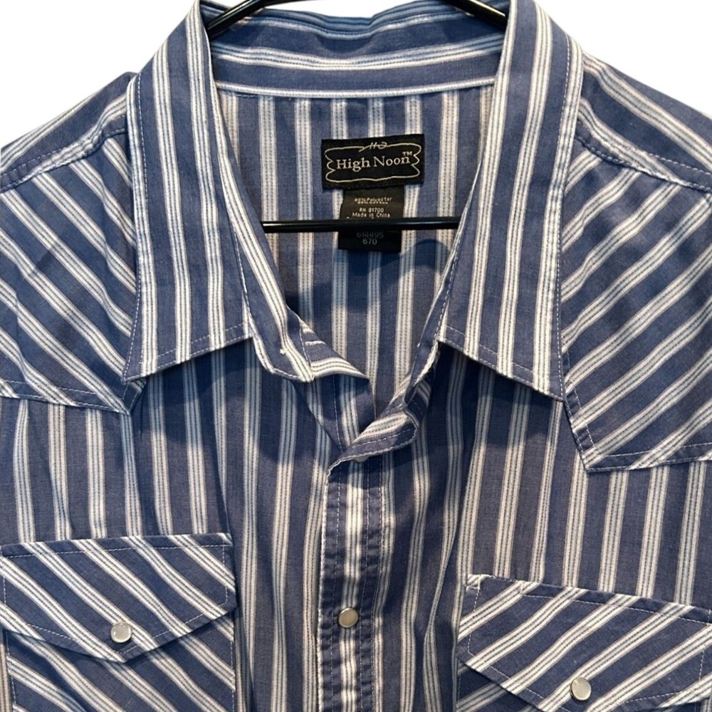 High Noon Western Pearl Snap Shirt 2XL Tall Mens Blue Striped Long Sleeve Cowboy
